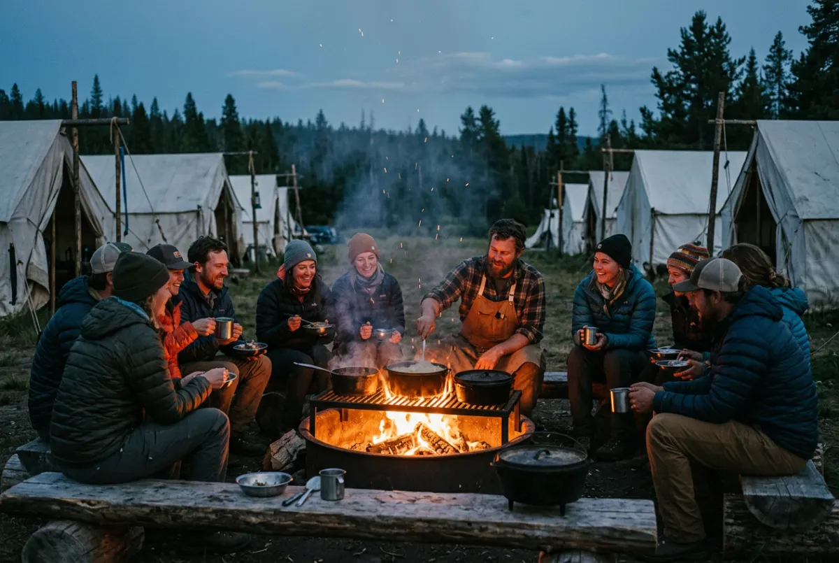 Cowboy cook-off campfire dinner and ranch grounds arrival