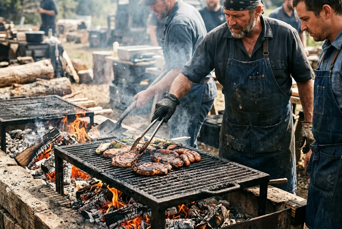 Live fire cooking preliminary round with wood embers and cast iron