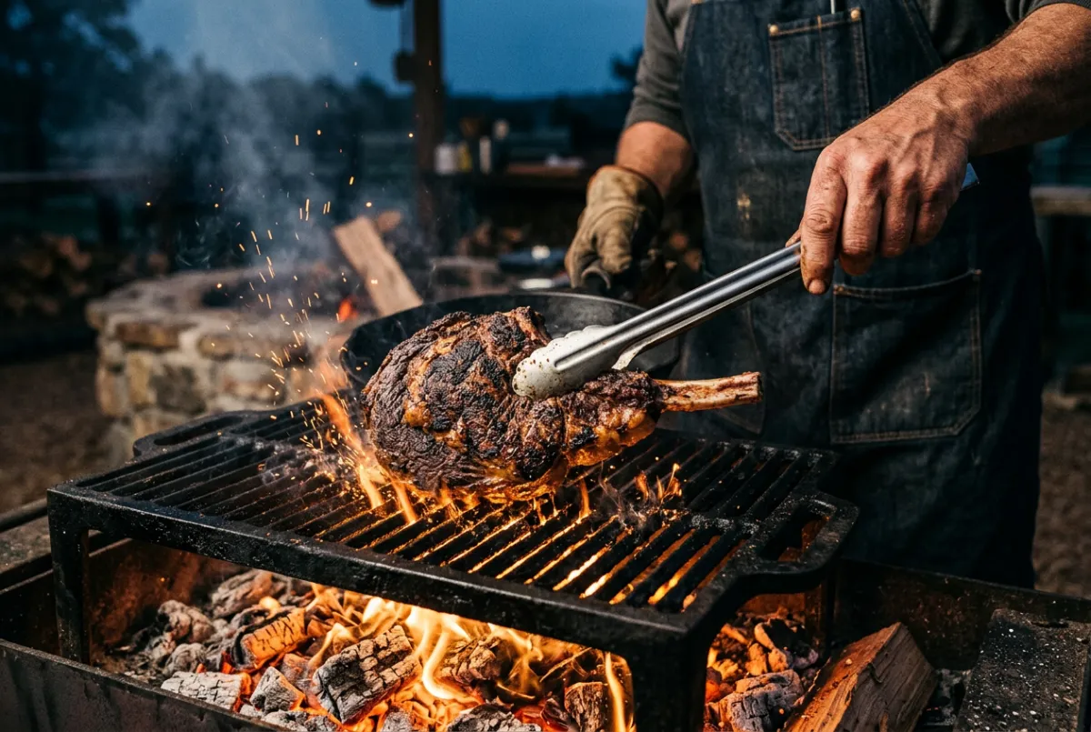 Searing meat over oak coals during cook-off second preliminary round