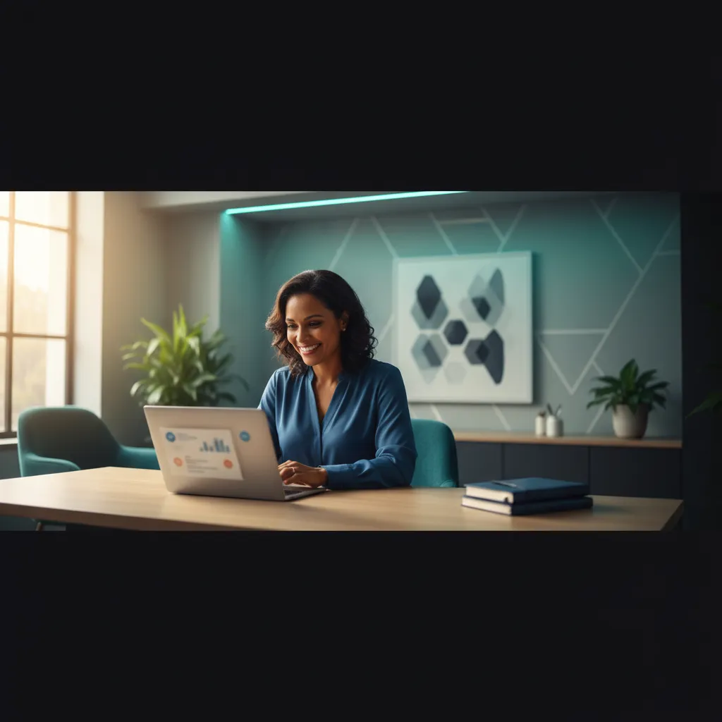 Business owner calmly reviewing feedback on a modern tablet in a well-lit office.