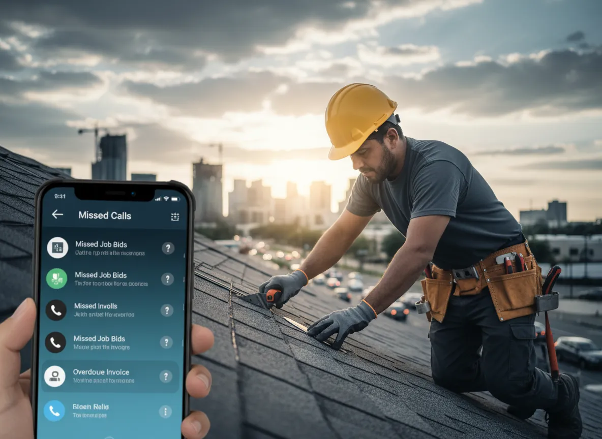 Contratista trabajando mientras se pierden llamadas en su teléfono