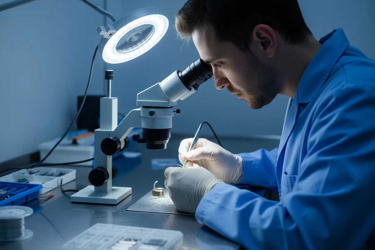 A technician performing a micro-repair on a hearing aid under magnification; cool surgical lighting, photorealistic, communicates precision and reliability.