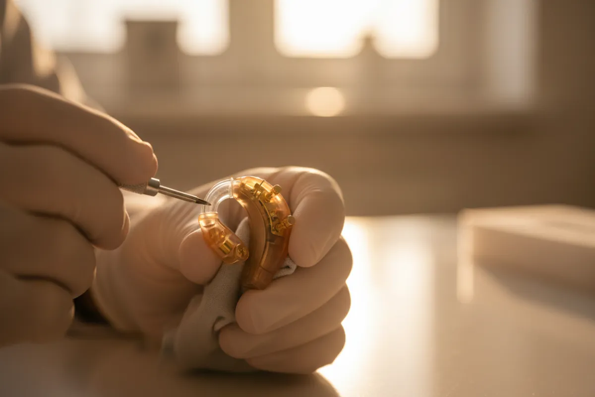 Close-up of custom hearing aid being adjusted by a technician; shallow depth of field, warm clinical lighting, photorealistic, emphasizes craftsmanship and detail.