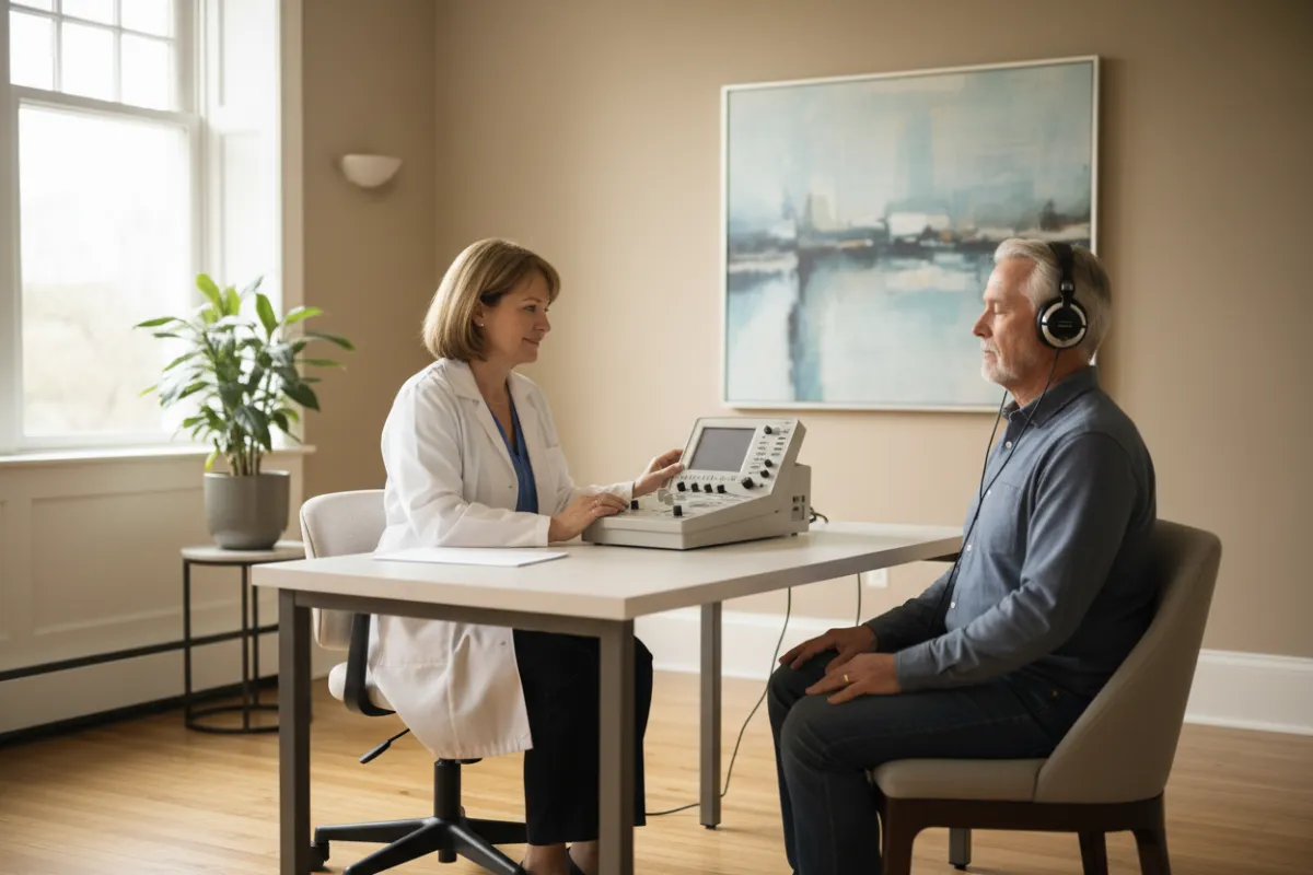 A mid-aged audiologist performing a hearing test in a bright clinic room; patient seated, headphones on, clinician adjusting equipment; natural window light, photorealistic style emphasizing calm professionalism.