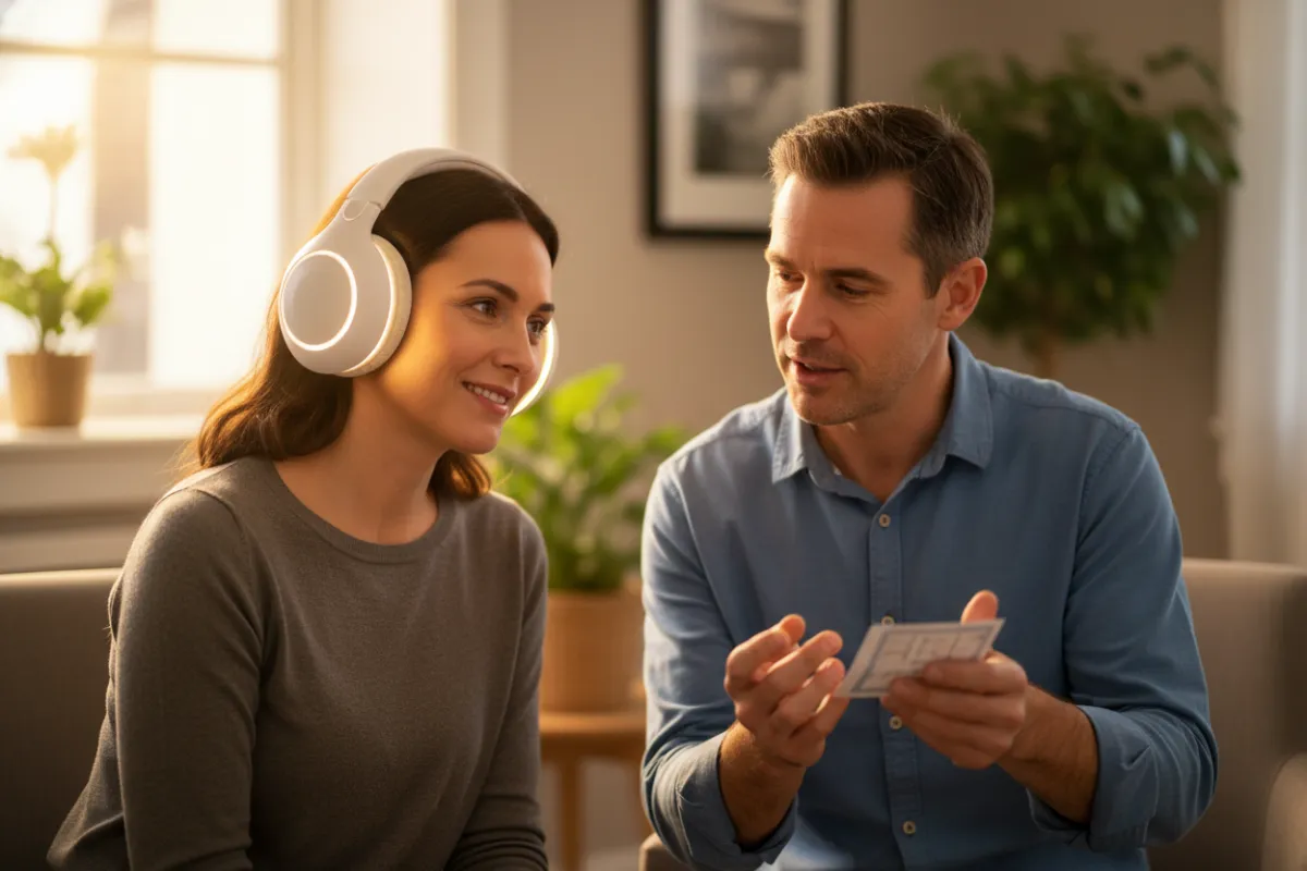 Portrait of a patient wearing soft light therapy headphones while a clinician explains coping strategies; warm, supportive clinic environment, photographic realism focused on empathy.