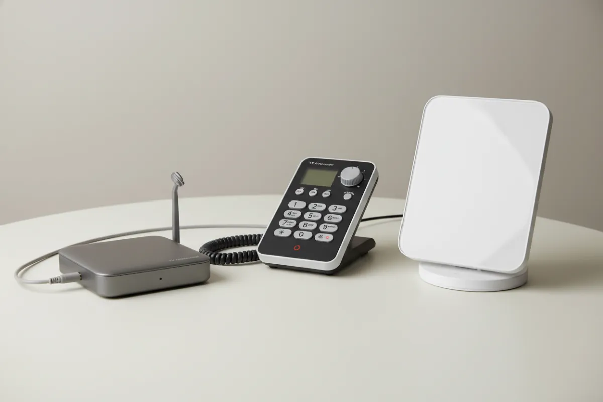 A selection of assistive listening devices on a neutral table: TV streamer, amplified phone device, and visual alert; soft studio lighting, high-detail photorealistic composition.