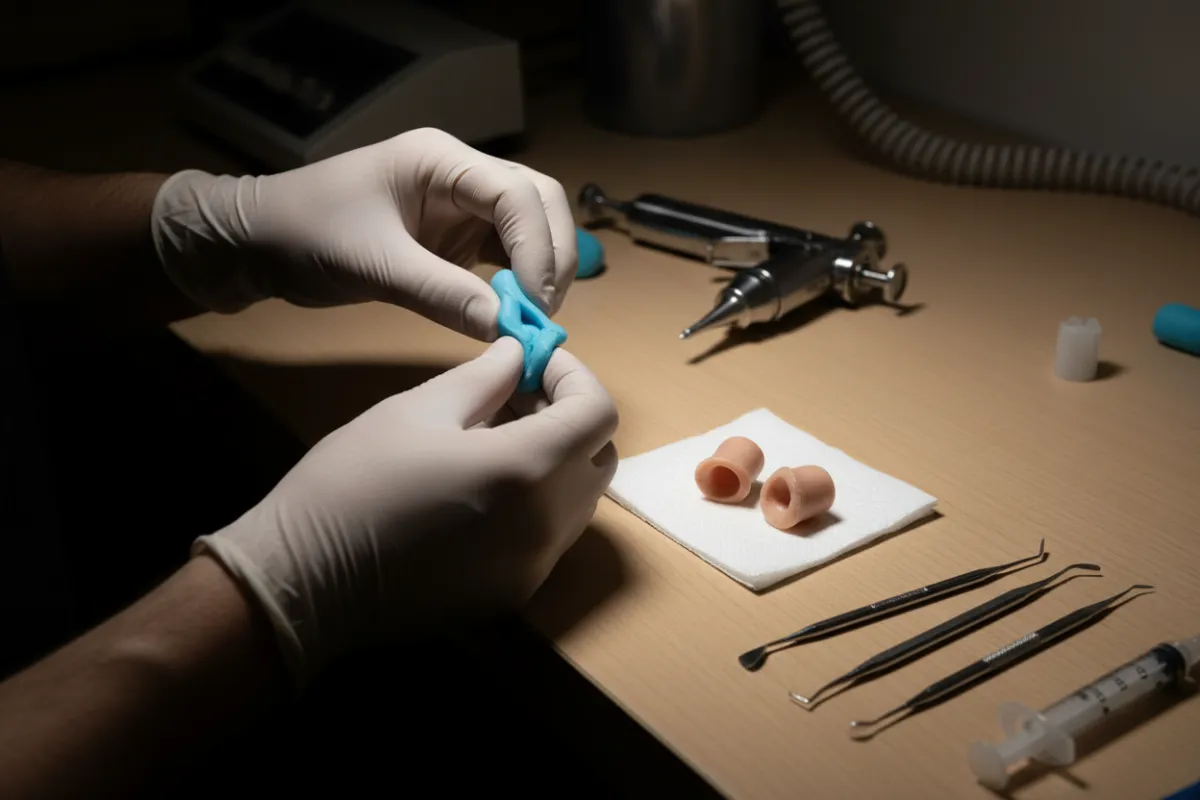 Custom-fit earplugs being molded from impression material on a bench with tools visible; studio lighting, close focus, photorealistic style that highlights craftsmanship.