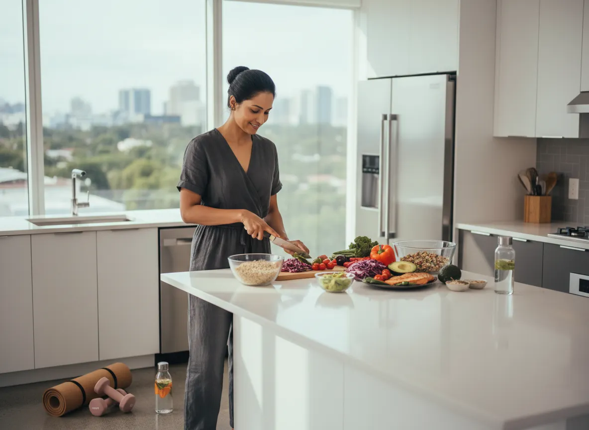 Person, die eine gesunde Mahlzeit zubereitet und Sport treibt