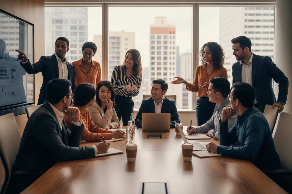 Editorial photograph of diverse leadership teams and minority business owners collaborating with advisors