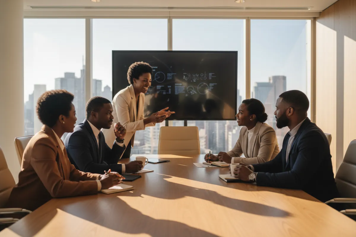 Premium editorial photograph of African American executives and a diverse leadership team collaborating in a strategy meeting, representing CEOs, minority business owners, entrepreneurs, and community leaders