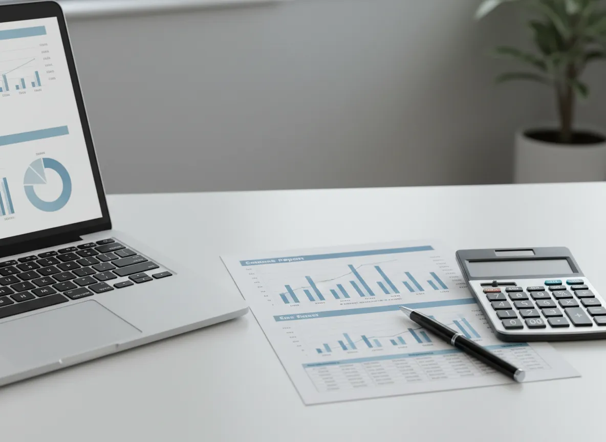 Close-up of financial report and tools on a desk, highlighting bookkeeping analysis