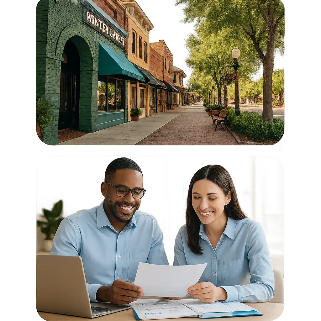 Composite image of Winter Garden storefront and a collaborative meeting