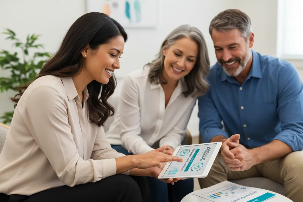 Healthcare consultation: agent discussing living-benefit policy details with a couple