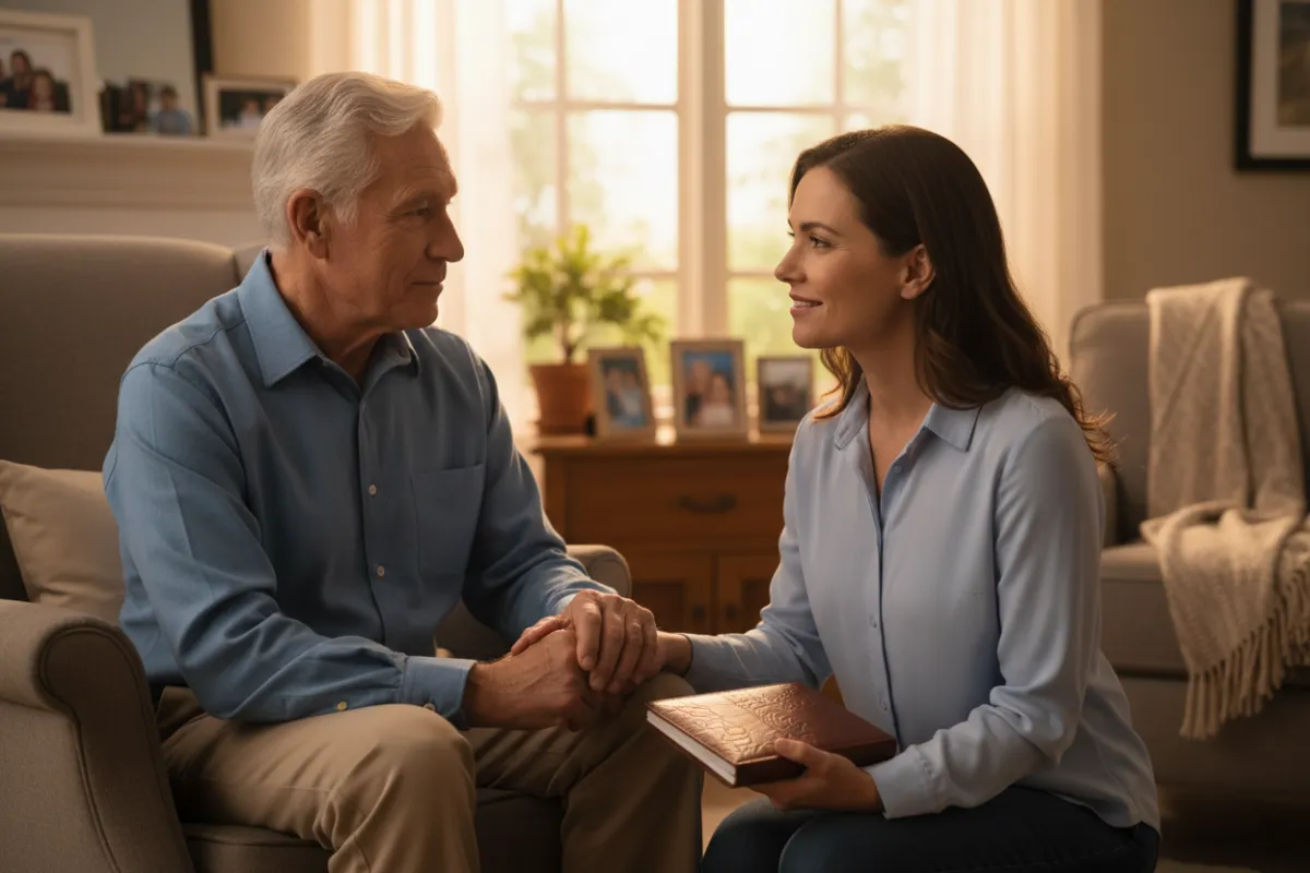 Older parent with adult child in a calm home setting