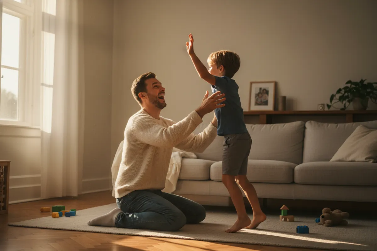 Parent playing with a child in a sunlit living room