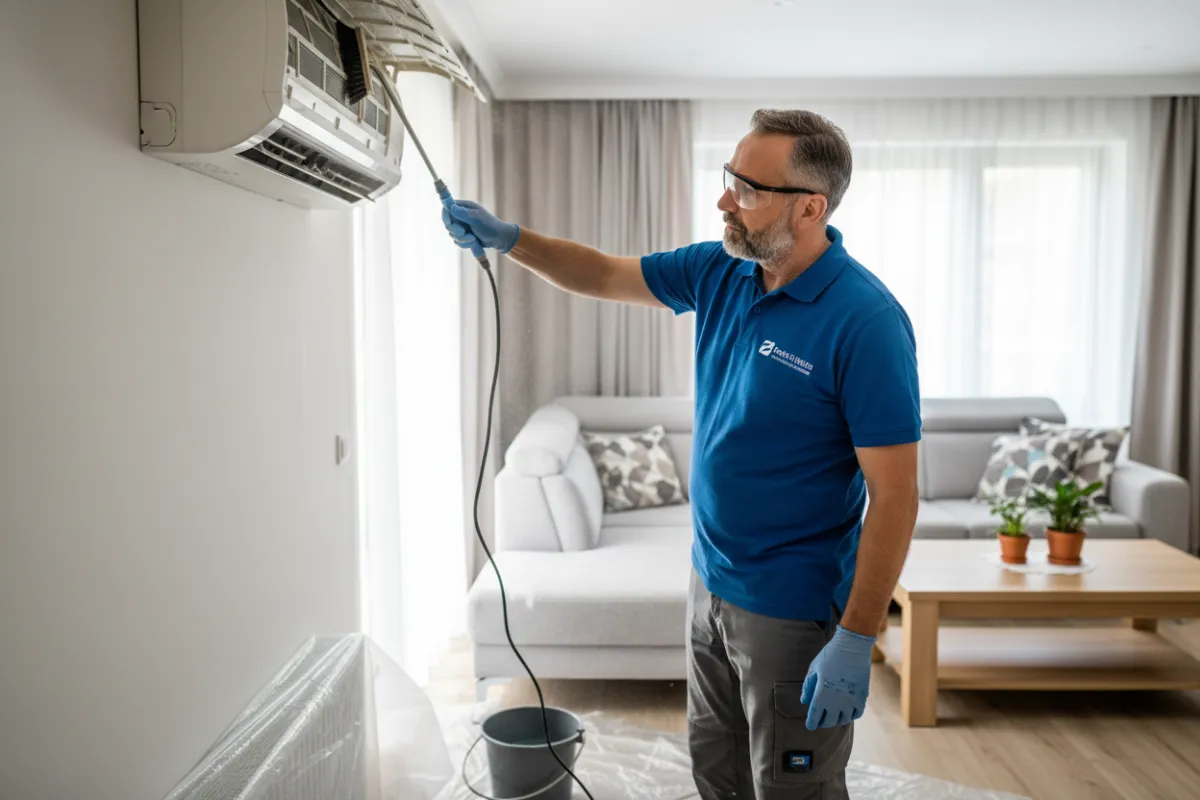 Poór Tibor, középkorú magyar férfi, szakmai ruhában, mosolyogva tisztít egy klímaberendezést egy világos nappaliban, modern eszközökkel, gondos odafigyeléssel.