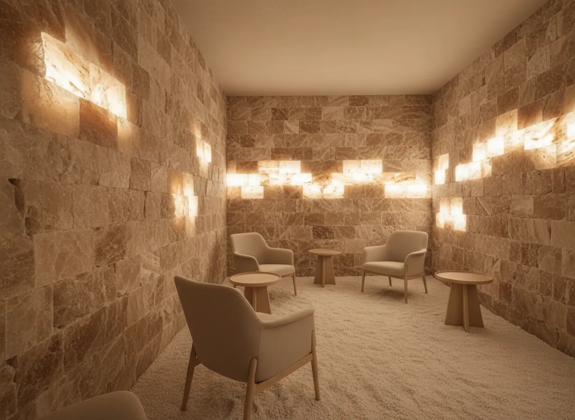 Természetes sófallal, meleg fényekkel és kényelmes fotelekkel kialakított sóbarlang belső tér