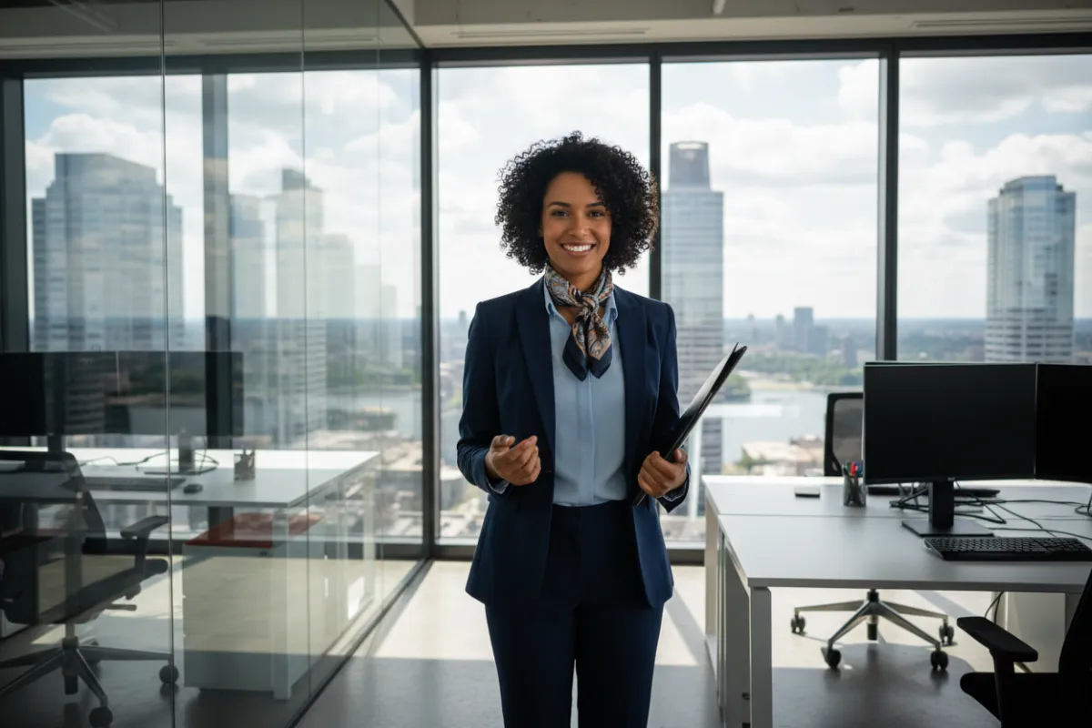 Confident young professional of diverse background in business attire, standing in a modern office with city view, smiling and holding a folder, representing ambition and new career opportunities in insurance.