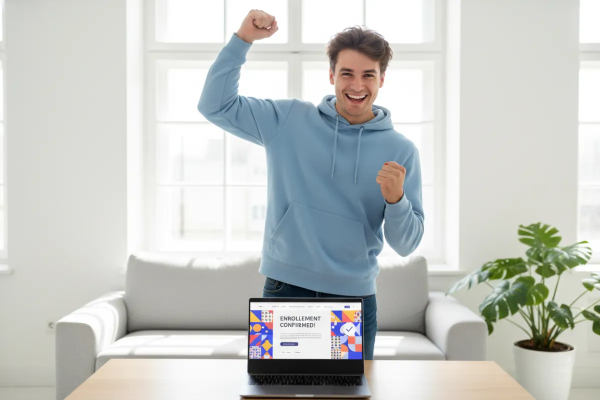 A young woman at a modern desk, smiling as she clicks 'Enroll' on her laptop. Workspace decorated with Cyber Monday banners and digital course icons.