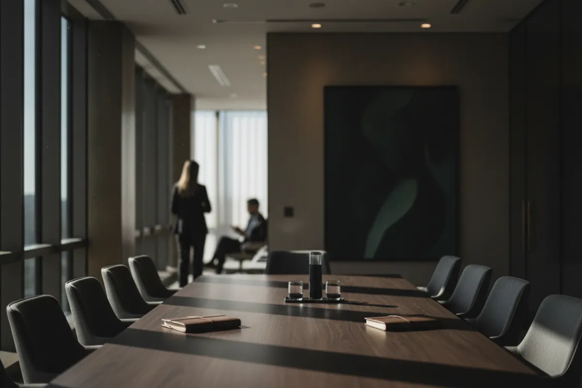 Understated modern boardroom interior — refined executive setting, subtle premium tone