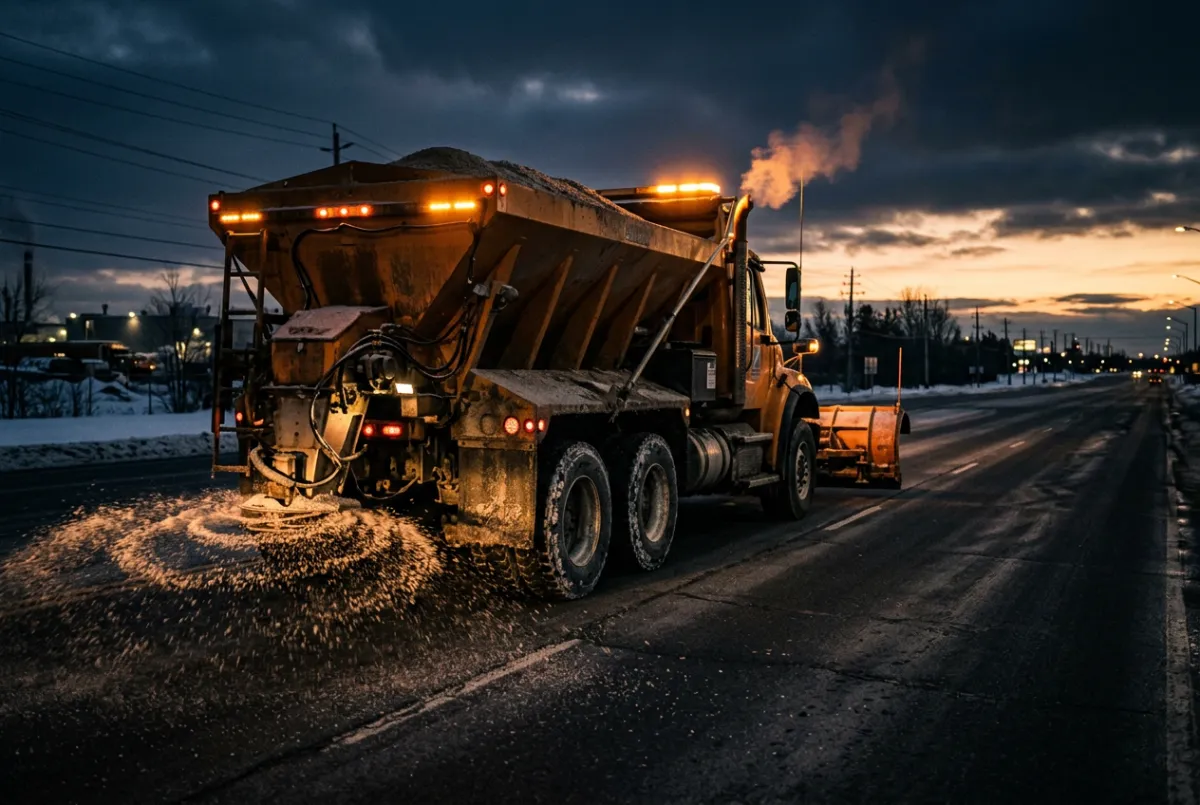 Commercial broadcast sanding truck dispersing calibrated traction aggregate on icy parking lot