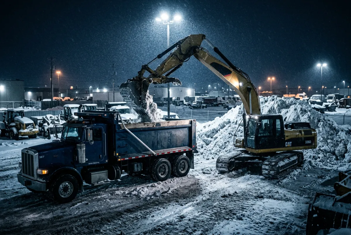 Tandem dump truck receiving snow loads from commercial skid steer for off-site hauling