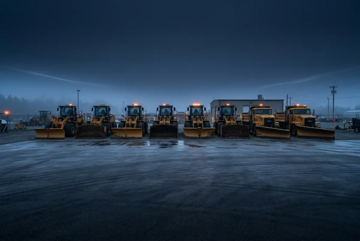 Heavy-duty commercial snow removal loader clearing a corporate logistics facility