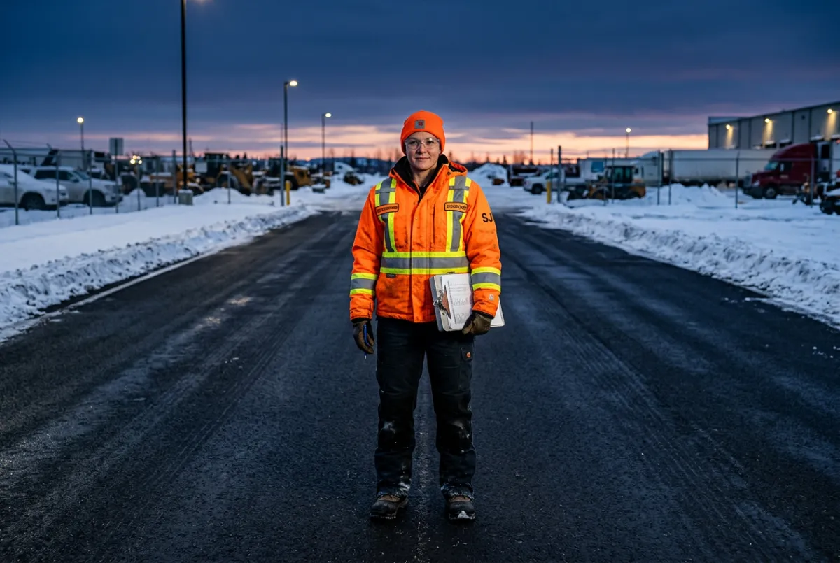 Commercial site supervisor inspecting cleared sidewalks and parking lots for ice hazards