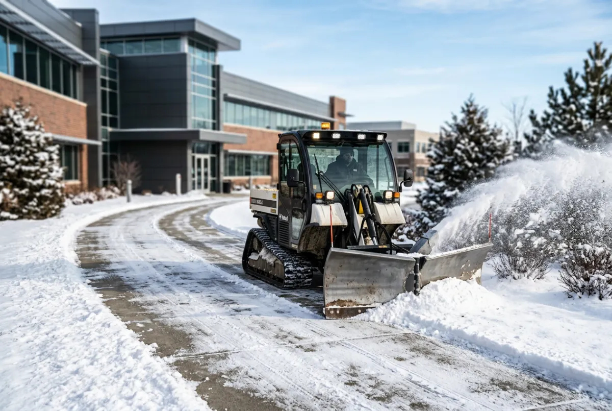 Dedicated commercial sidewalk tractor and power broom clearing pedestrian walkways to bare concrete