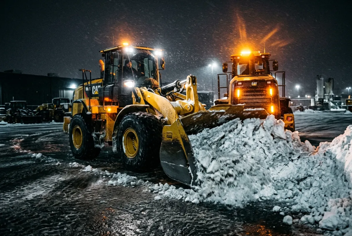 Commercial heavy-duty wheel loader clearing industrial distribution center parking lot