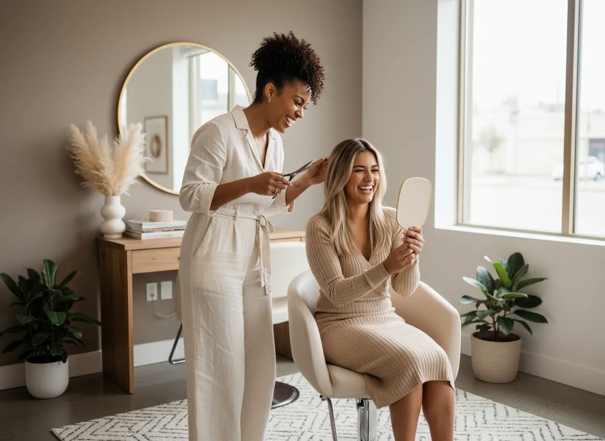 Two women smiling in a bright salon suite