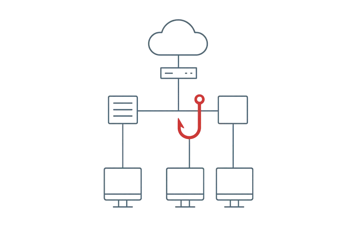 Technical diagram demonstrating scammer hooking techniques with red highlight focus