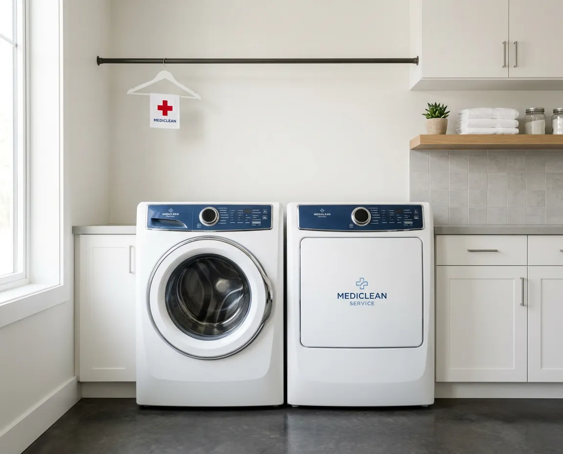 Sparkling sanitized washer and dryer with pristine ductwork in a clinical home laundry setup