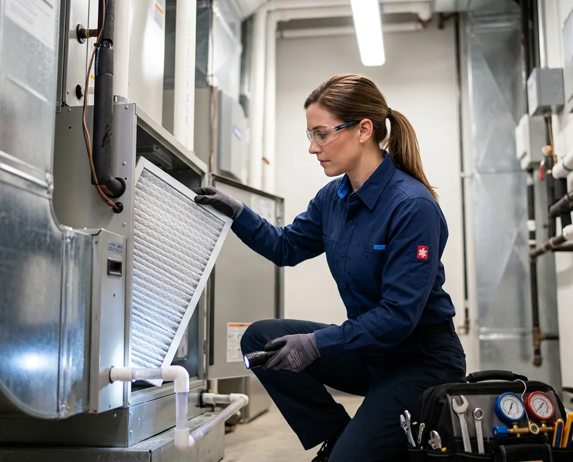 HVAC technician carefully replacing clinical air filter and clearing condensation line