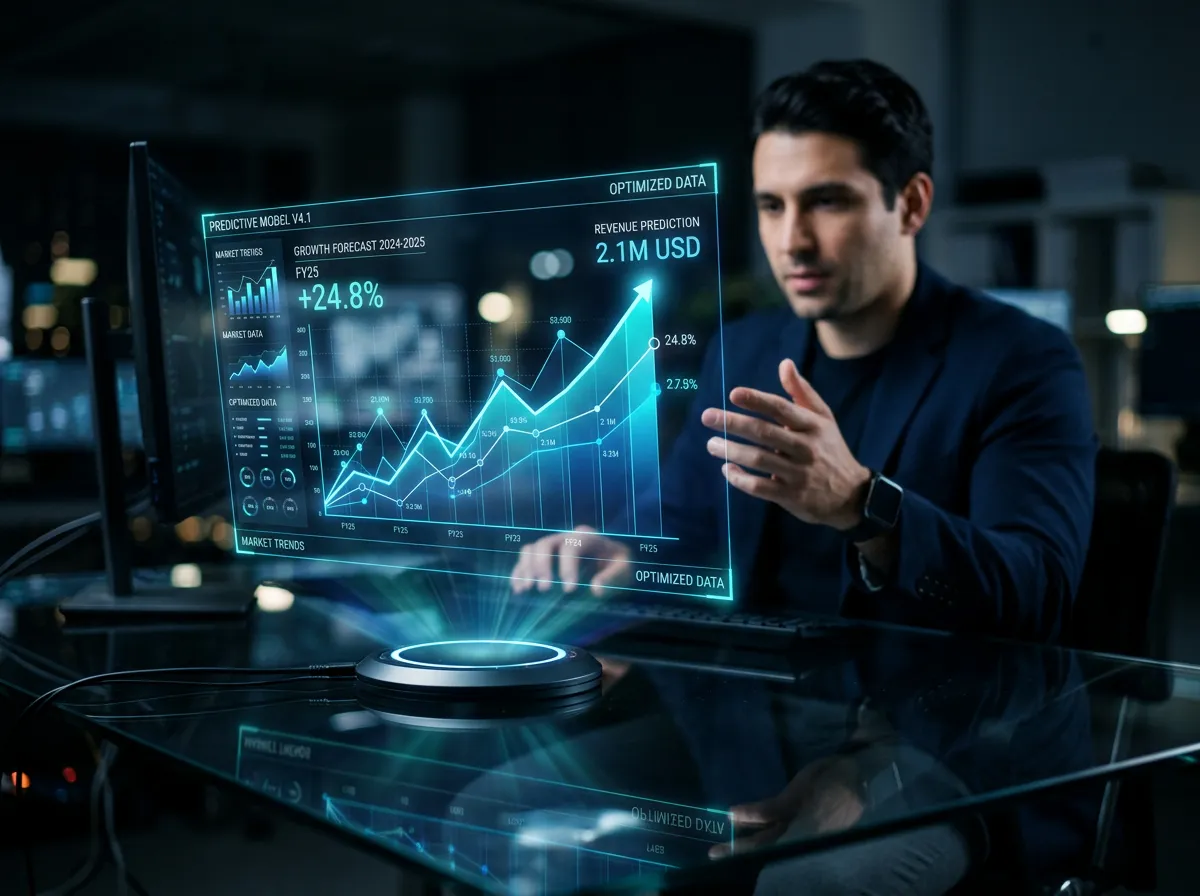 Especialista trabajando con interfaz de inteligencia artificial predictiva
