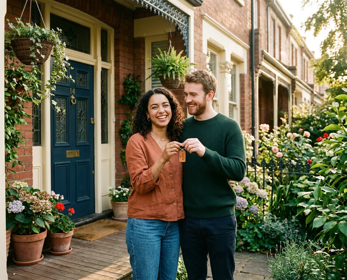 Marcus and Elena Vance smiling with their keys in front of their new sunlit Victorian terrace home