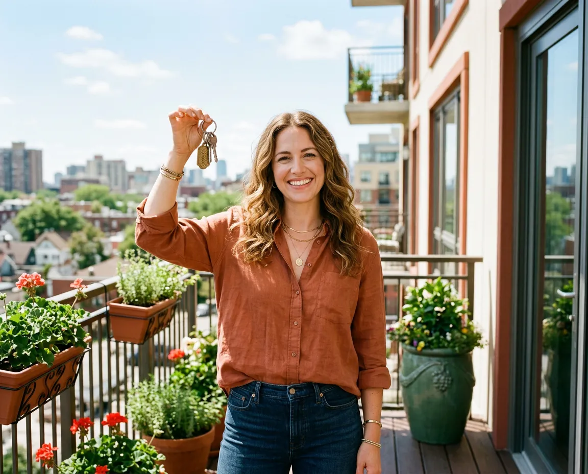 Sophie Lin standing proudly on the sunny balcony of her newly acquired Brunswick apartment holding her keys
