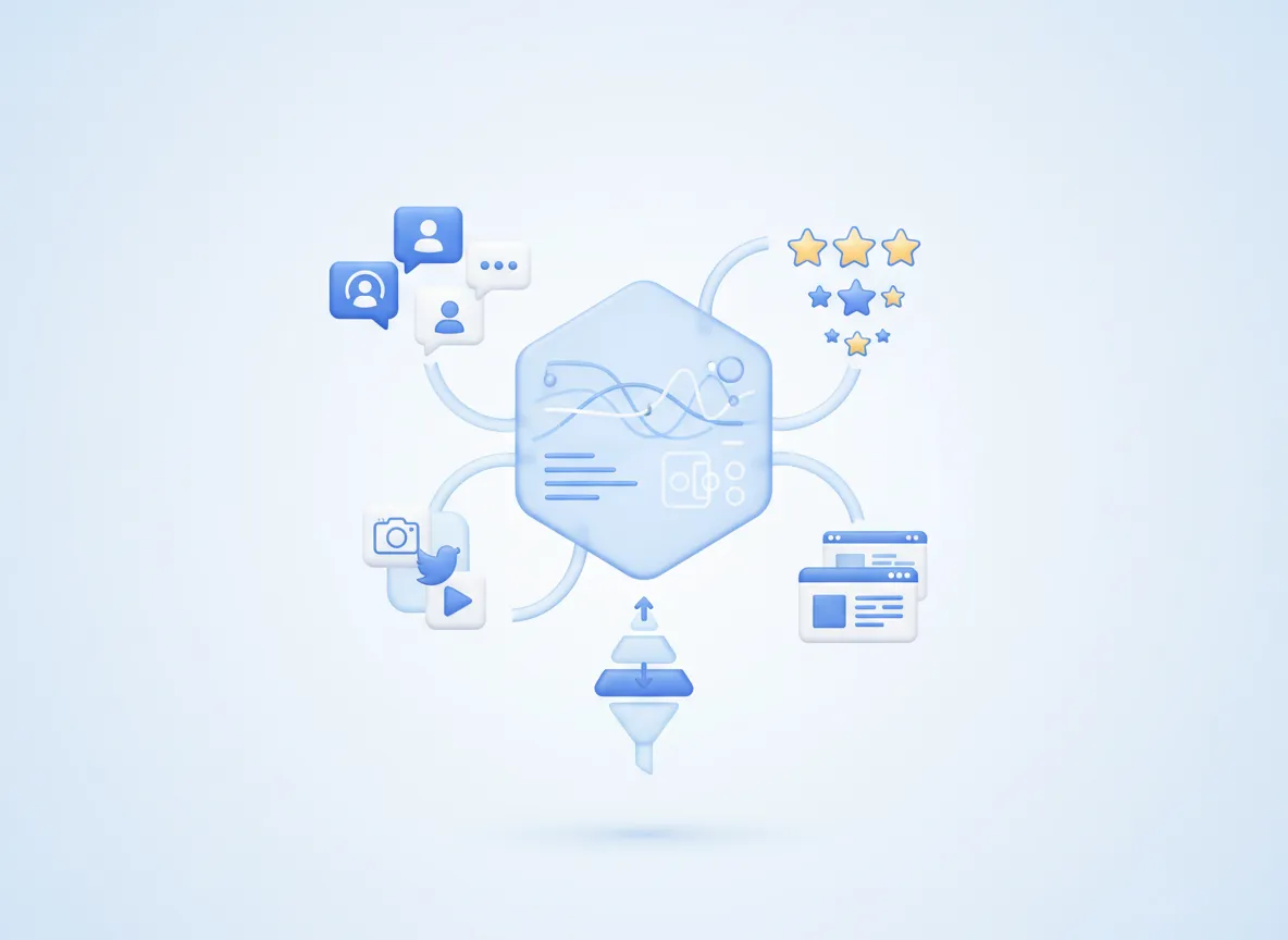 Modern dashboard-style illustration of connected AI chat, social media, SEO, and leads flowing into a CRM