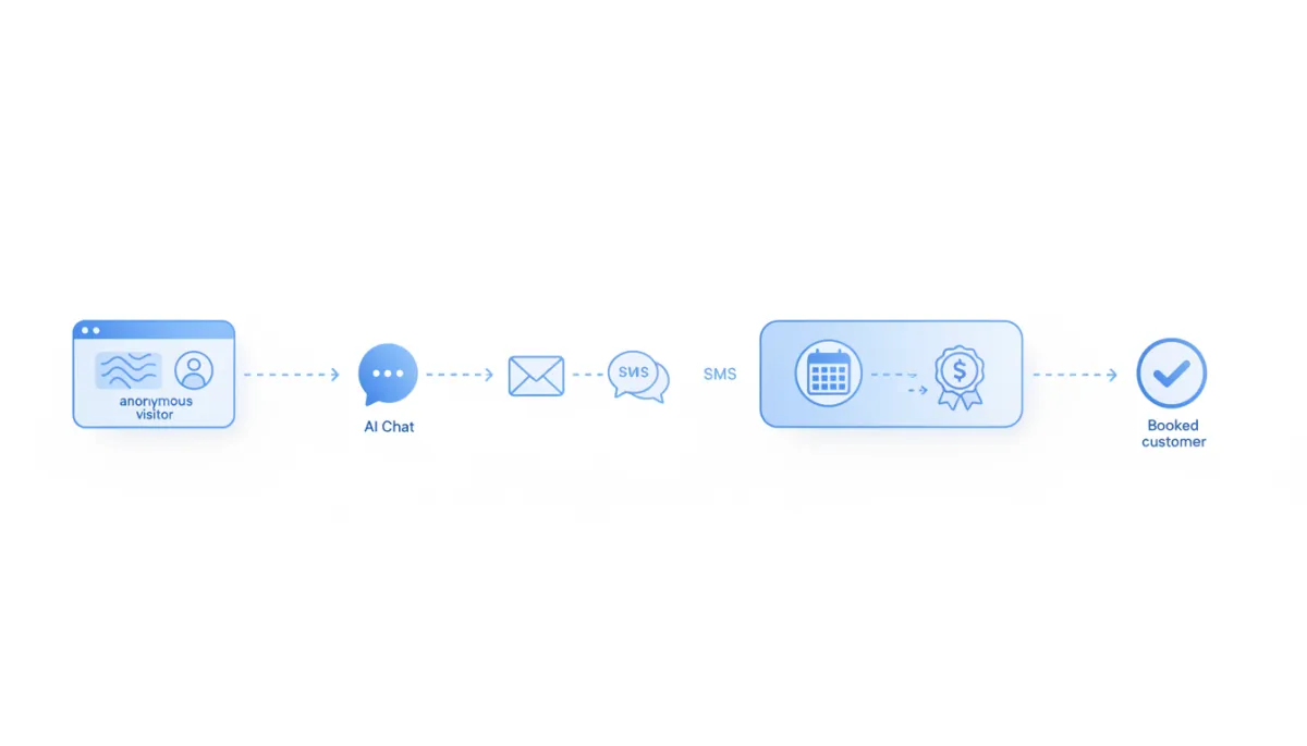 Step-by-step visual flow from website visitor to booked customer with AI chat and automation