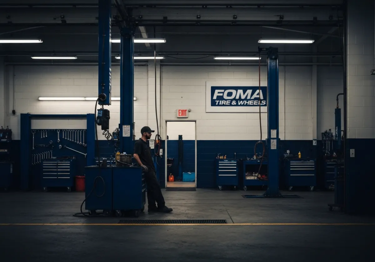 Documentary-style photo of California Tire and Wheels shop floor