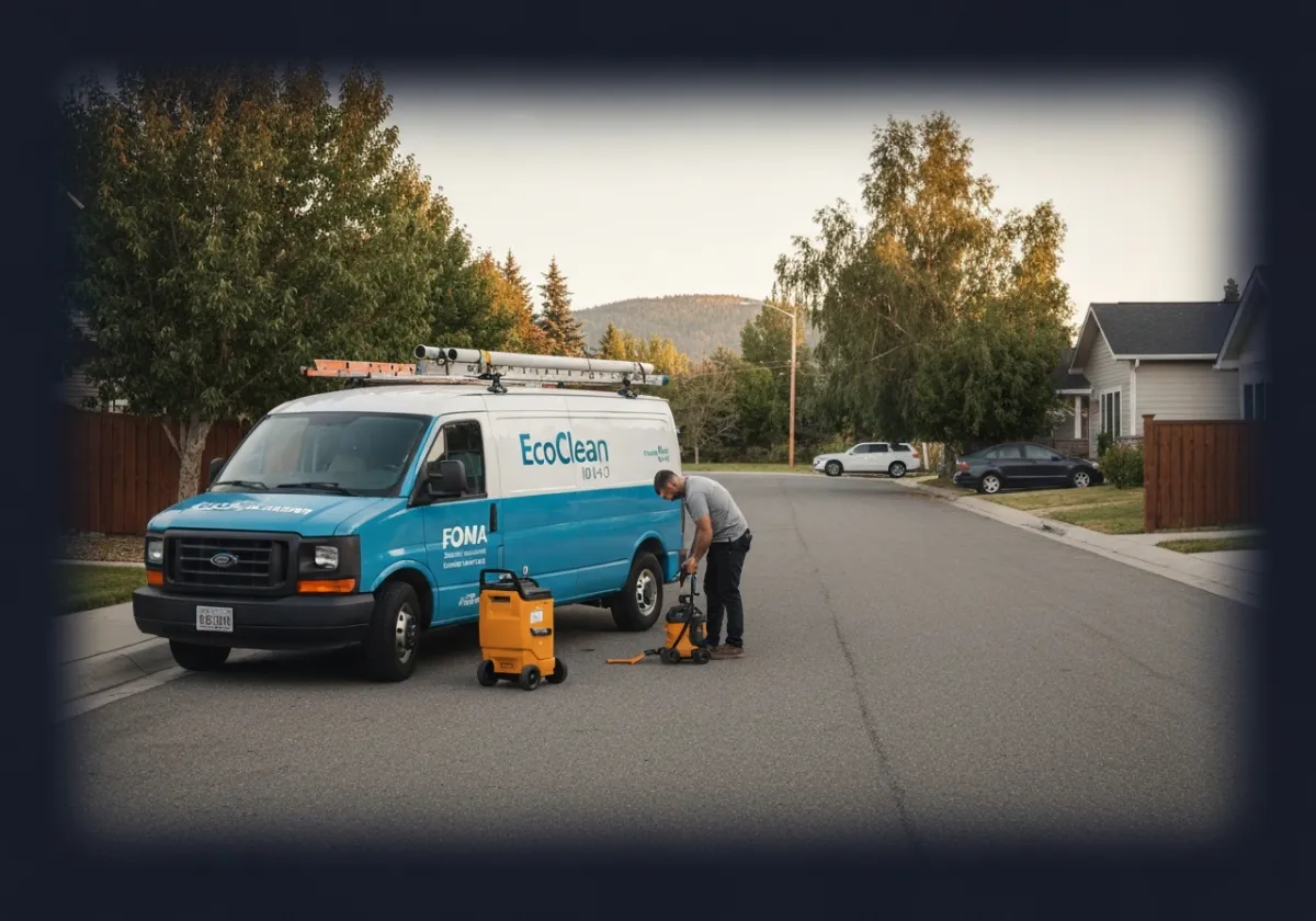 Documentary-style photo of EcoClean Idaho fleet and staff