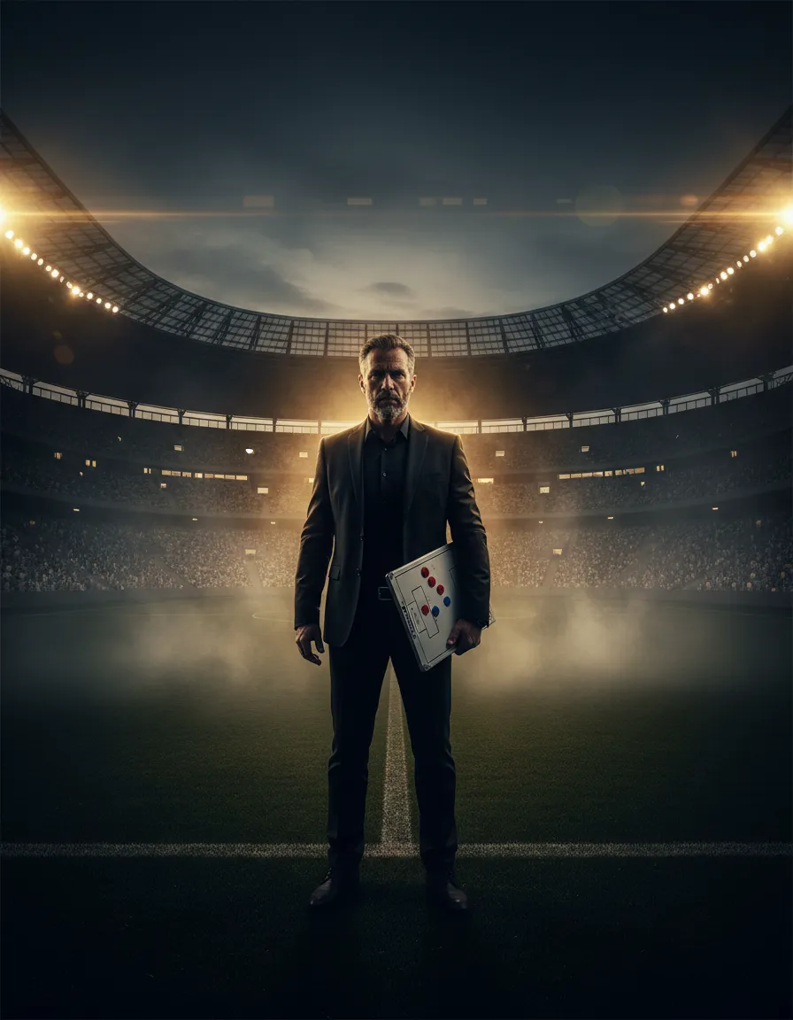 Cinematic view of a soccer stadium and coach
