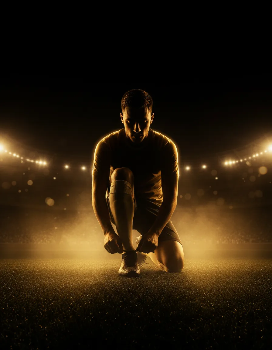 Cinematic single photo of an elite soccer player preparing on the pitch