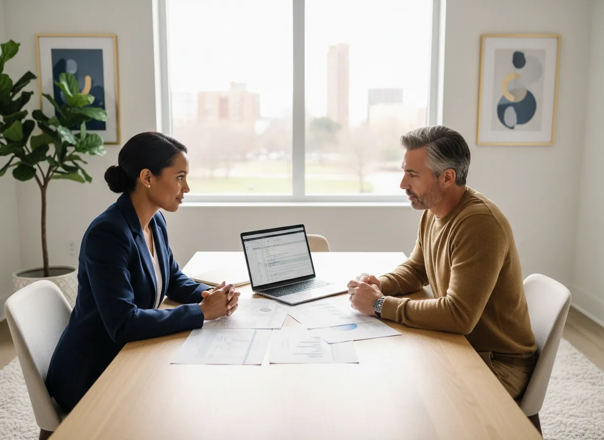 Financial advisor meeting with clients reviewing wealth and insurance strategy