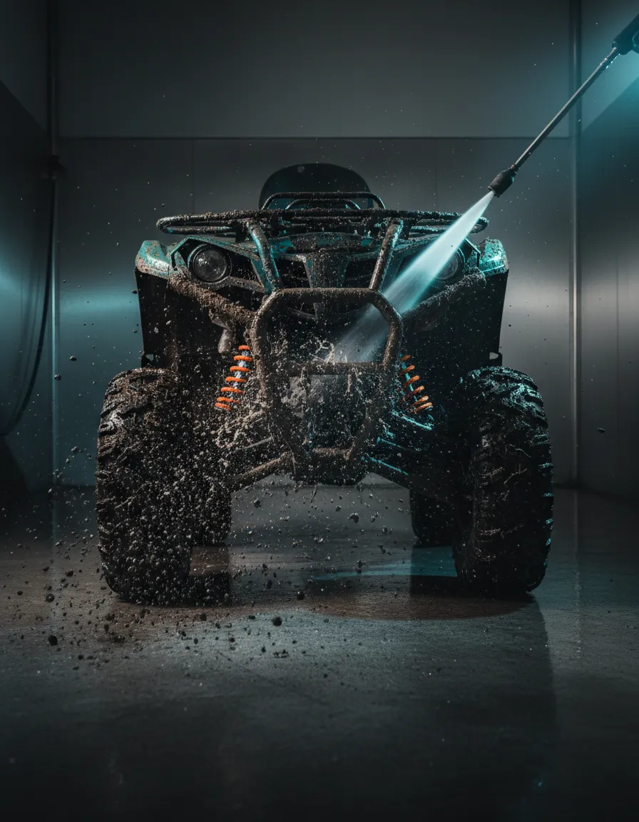 Power washing heavy mud off an ATV in Tulsa