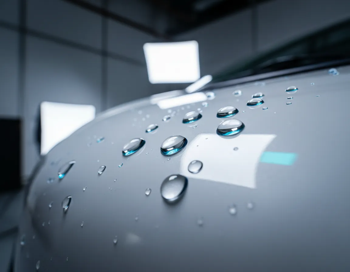 Exterior wash process showing water beads and premium wax application on an RV.