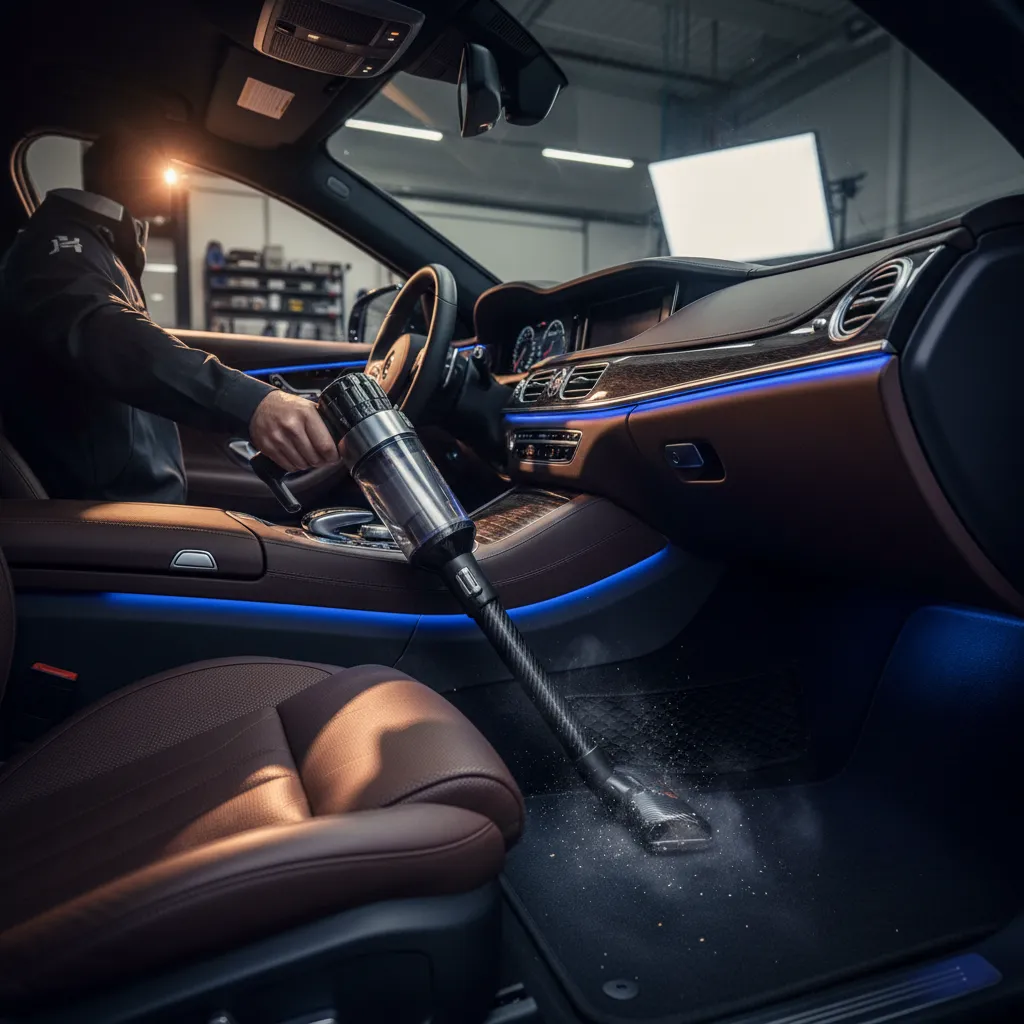 Technician performing pre-vacuum on car interior