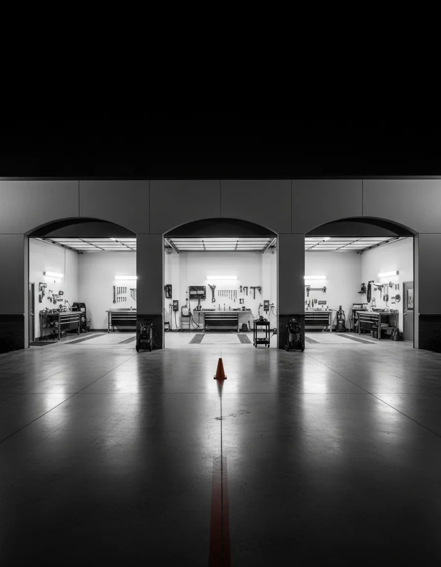 Black and white editorial photo of the Fox Detailing facility in Glenpool