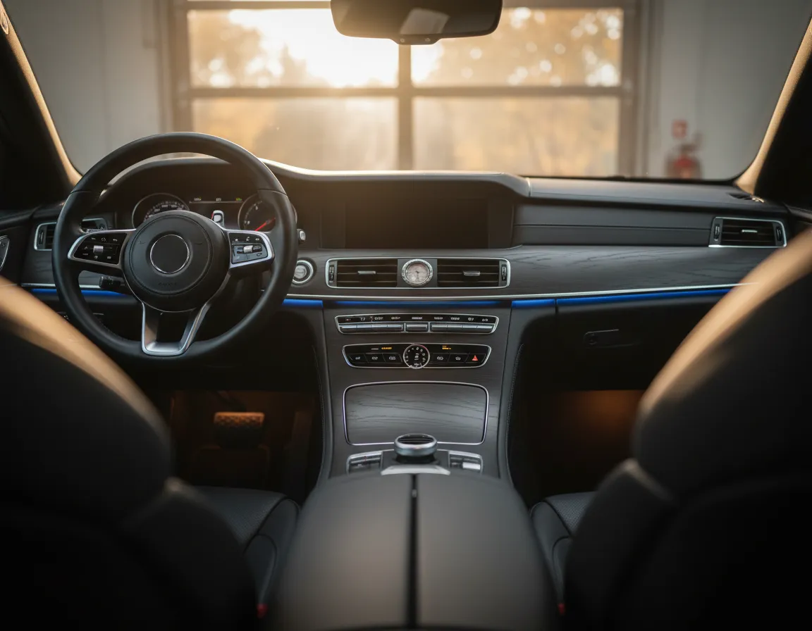 Dashboard and steering wheel deep cleaning macro shot