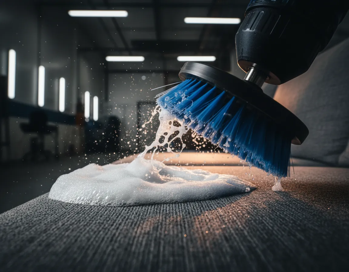 Macro shot of upholstery foam cleaning and drill brushing